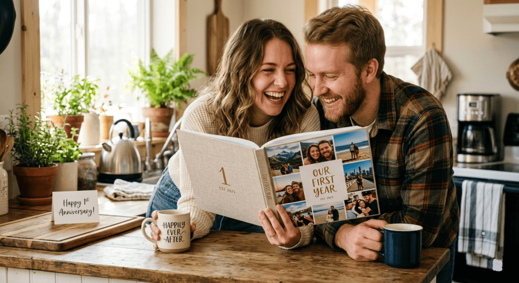 A happy young couple laughing together at a kitchen counter while looking through a personalized "Our First Year" photo anniversary book.