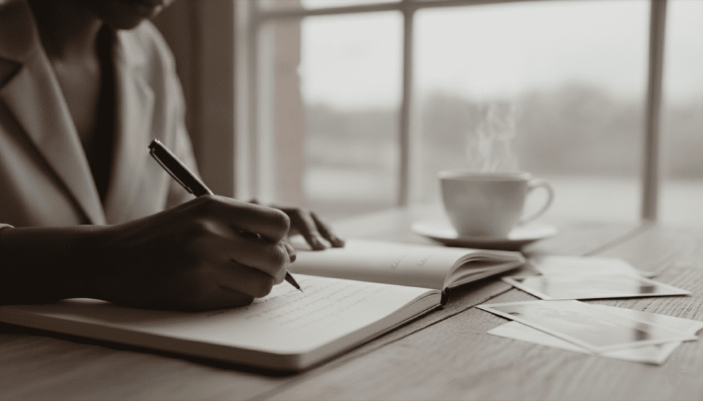 A close-up of a person writing with a pen in an open journal at a wooden table next to a steaming mug of coffee and printed photographs.