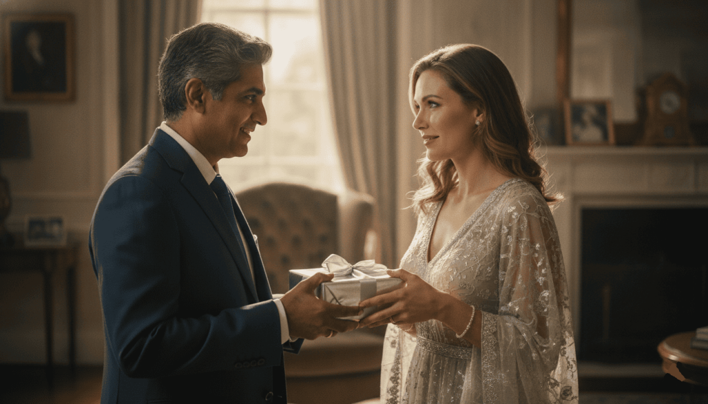 An elegant man in a blue suit presenting a silver-wrapped gift box with a ribbon to a woman in a shimmering, lace-detailed dress in a classic living room setting.