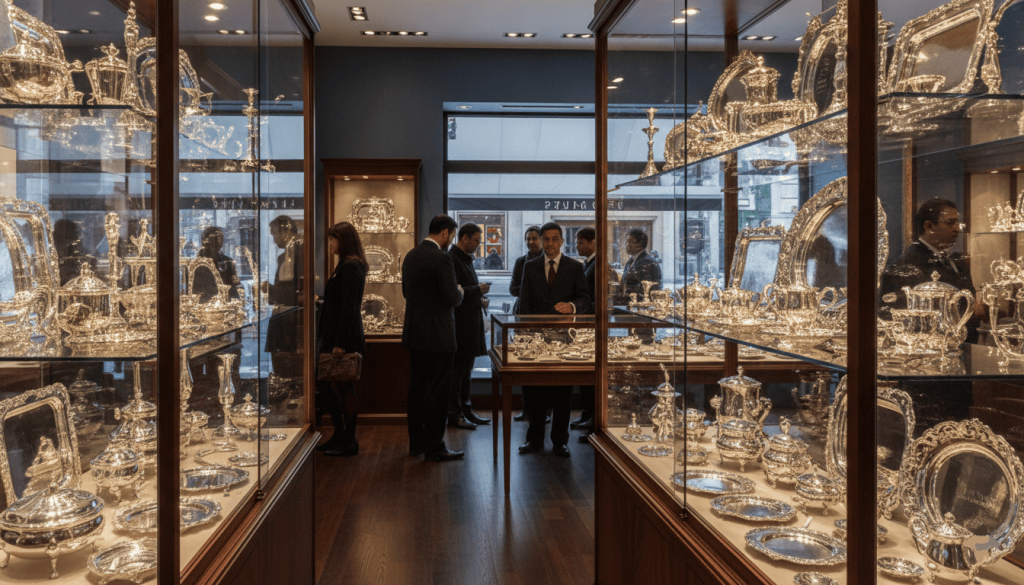The interior of a high-end luxury boutique with wooden floors and glass cabinets showcasing an extensive collection of polished silver tableware and teasets.