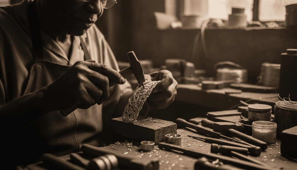 An elderly jeweler wearing glasses and a magnifying loupe focusing intently on crafting a diamond trilogy ring at a wooden workshop table covered with tools.