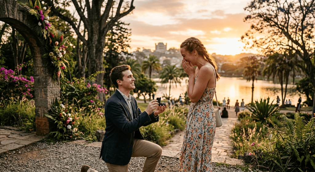 marriage proposal in a park at sunset, man kneeling on one knee while proposing, engagement ring box open, emotional partner reaction