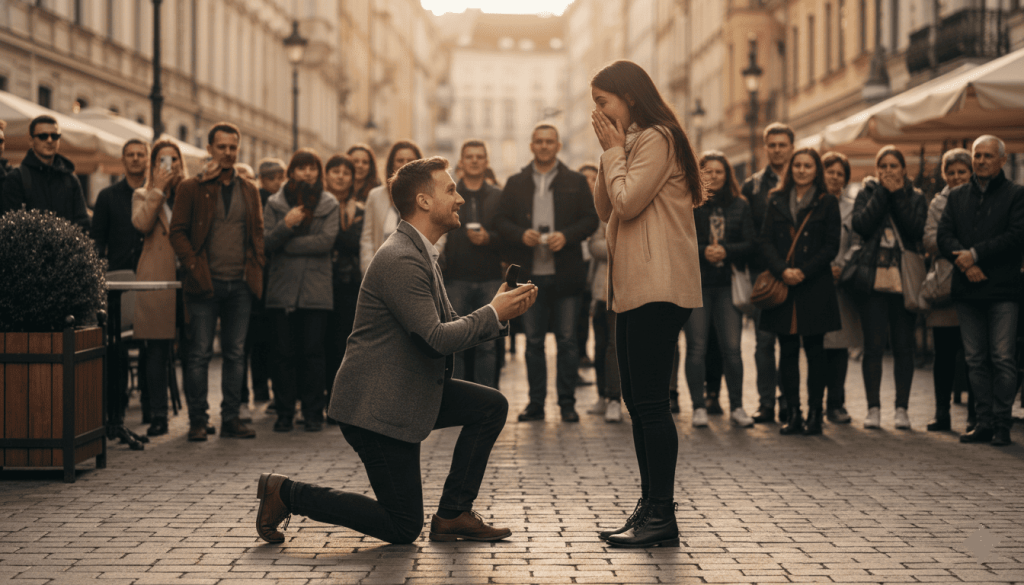 city proposal scene on a pedestrian street, proposer kneeling on one knee, surprised partner, passersby in background