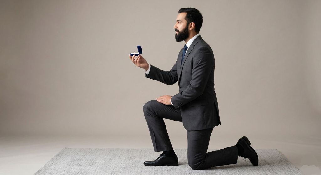 educational composition showing a proposal pose from the side, person kneeling on one knee while holding a ring box