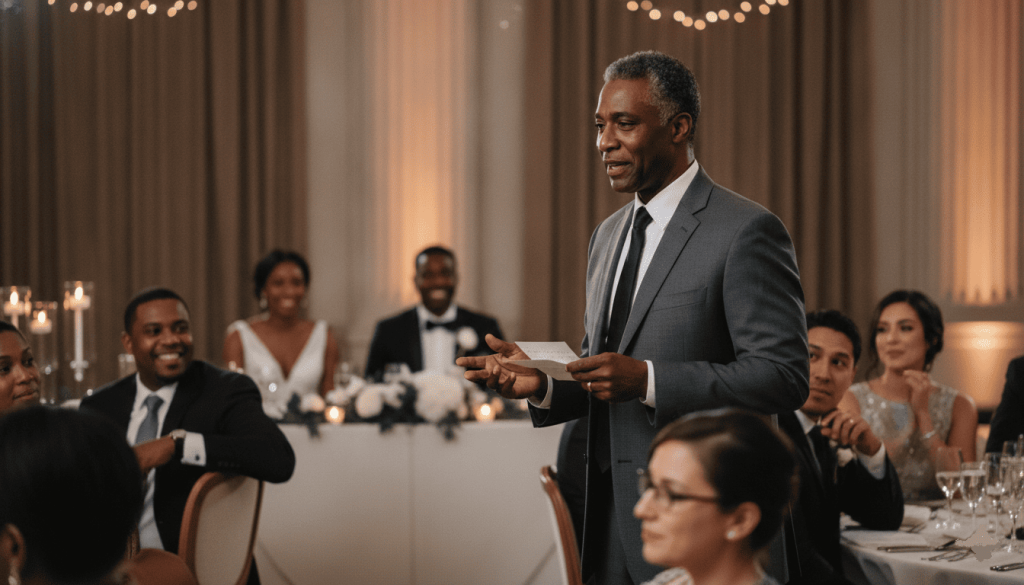 wedding reception photograph featuring a middle-aged Black father with salt-and-pepper hair delivering a heartfelt speech while holding note cards, guests listening attentively, wedding couple visible in the background smiling emotionally