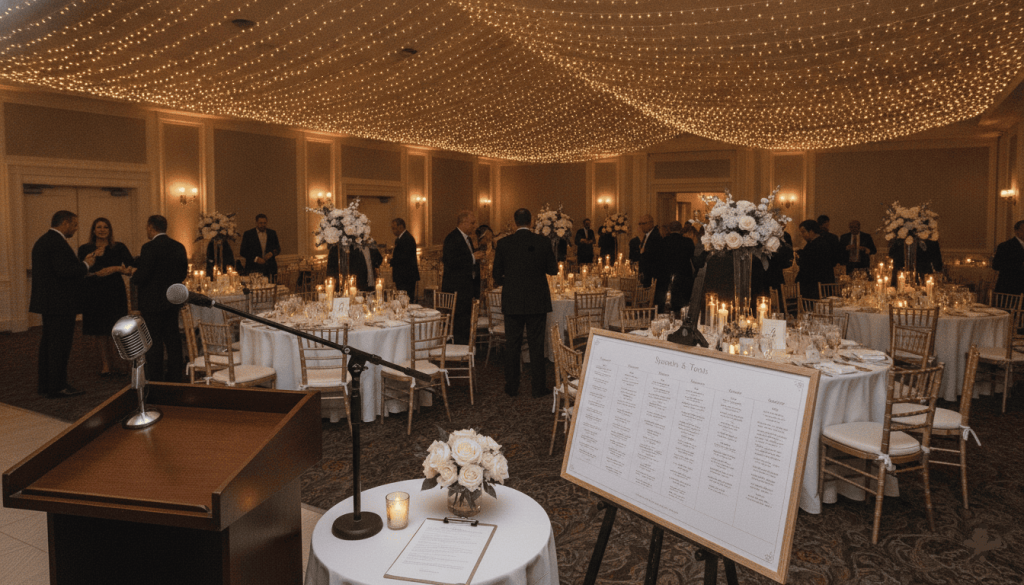 wedding reception venue set up for multiple speeches, decorated podium, microphone stand, table cards, seating chart, event schedule displayed discreetly on a planner’s clipboard