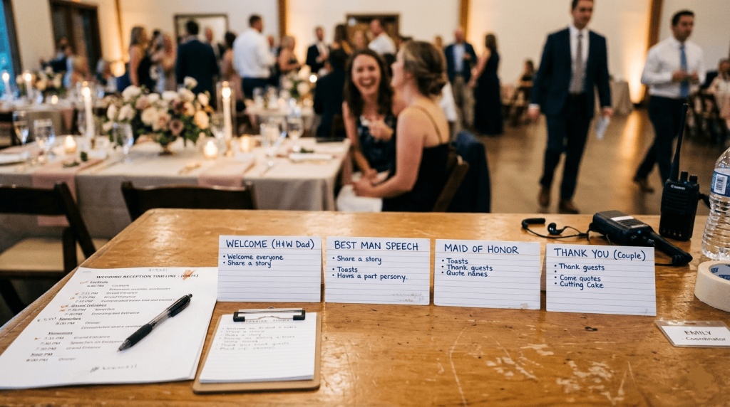 showing several speech note cards arranged in sequence on a reception coordinator’s table, labeled generically for different speakers without readable personal information, wedding timeline nearby