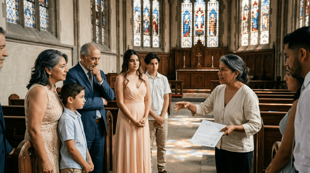 South Asian female wedding coordinator explaining processional order to family members and attendants, mixed-age group listening attentively inside an elegant chapel, bridesmaids, parents, and wedding party arranged in discussion