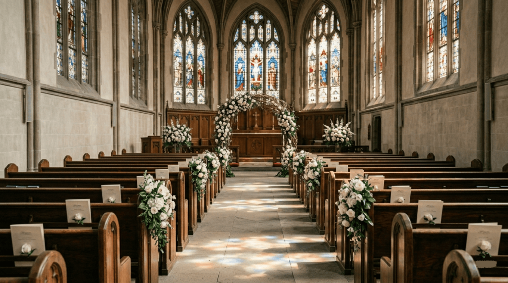 beautifully prepared ceremony aisle before guests arrive, rows of chairs, floral arrangements, ceremony arch in the distance, wedding programs resting on seats