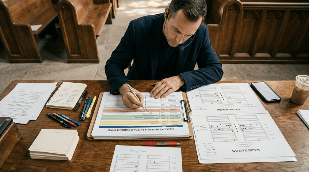 male event planner reviewing a printed ceremony timeline and entrance sequence chart, realistic organizational documents on a table, pens, clipboard