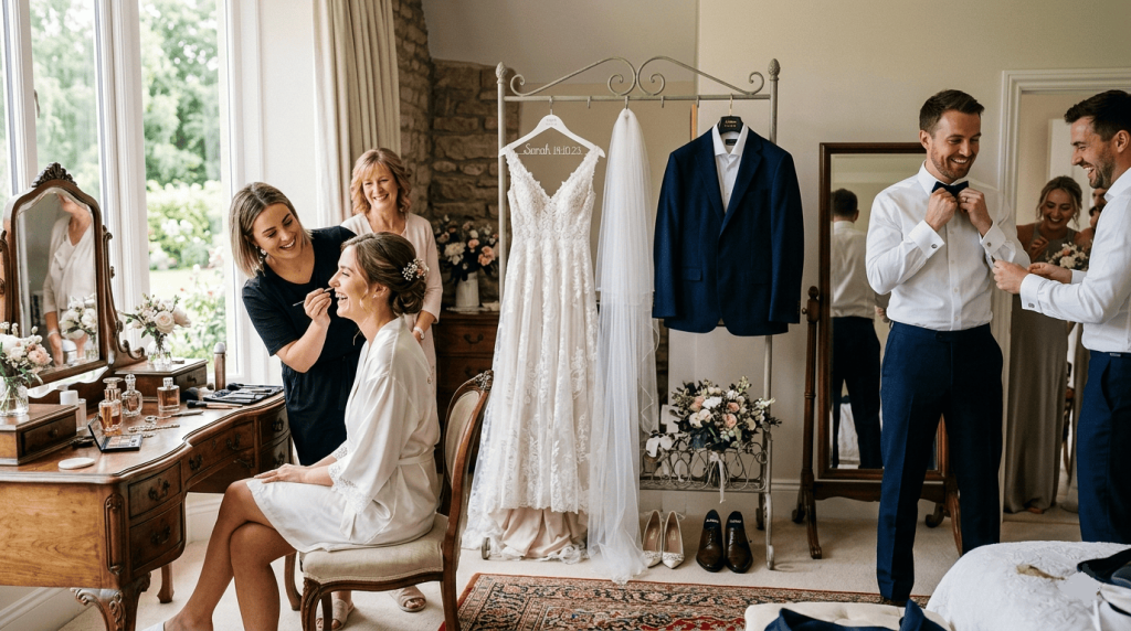 bride and groom preparing for their wedding day, wedding attire hanging nearby, elegant dressing room