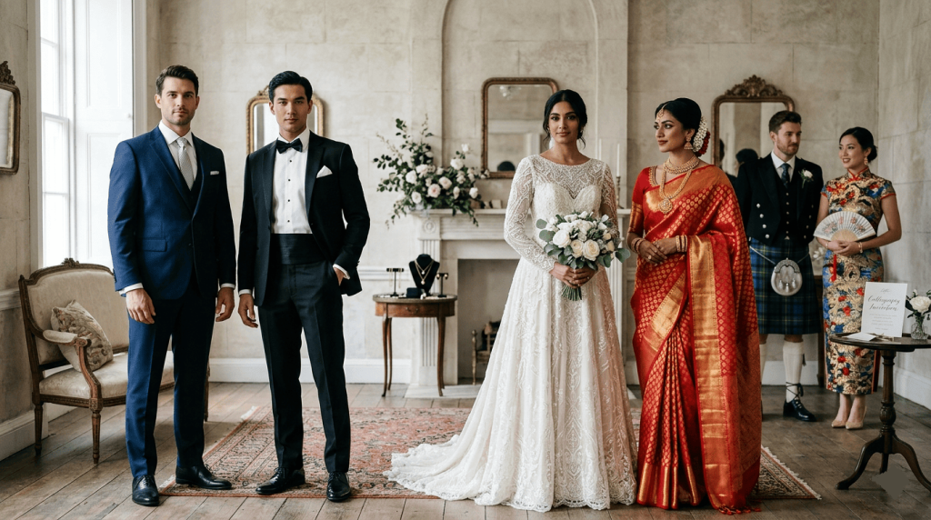 display of different wedding attire styles including formal suit, tuxedo, wedding gown and cultural wedding garments