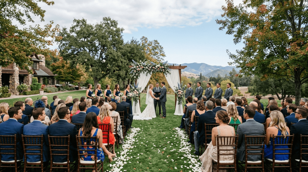 outdoor wedding ceremony showing guests and wedding party dressed appropriately in formal attire, beautiful venue