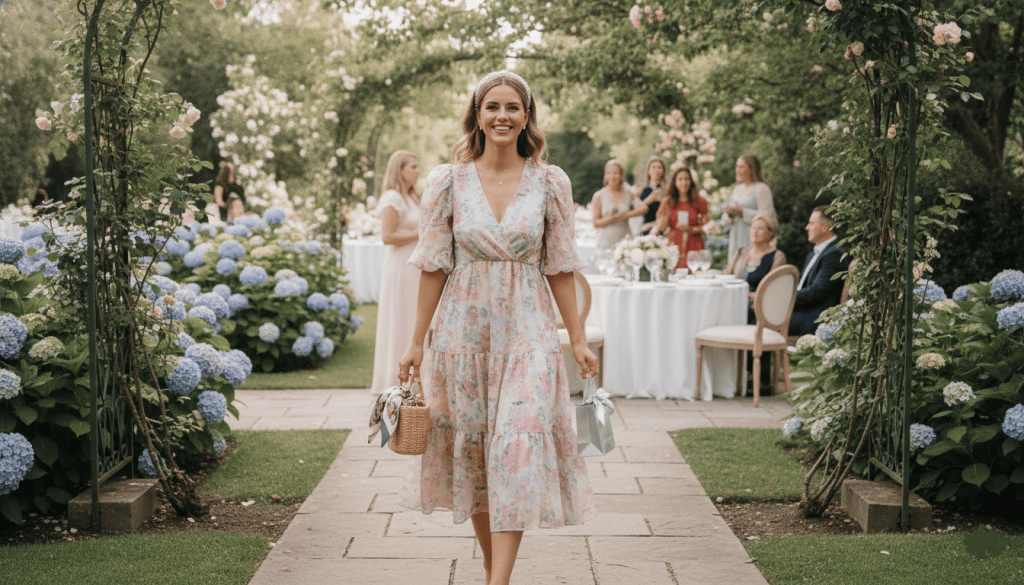 bridal shower guest wearing a stylish pastel midi dress, arriving at a daytime celebration, elegant garden setting, natural smile