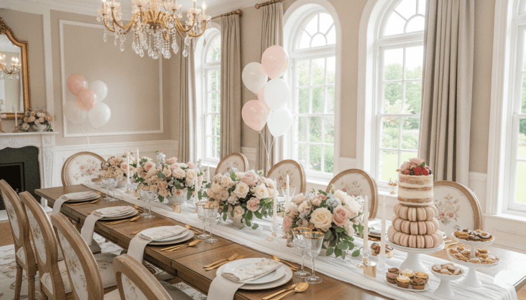 Beautiful bridal shower venue prepared for guests, floral arrangements, desserts, balloons, elegant table settings