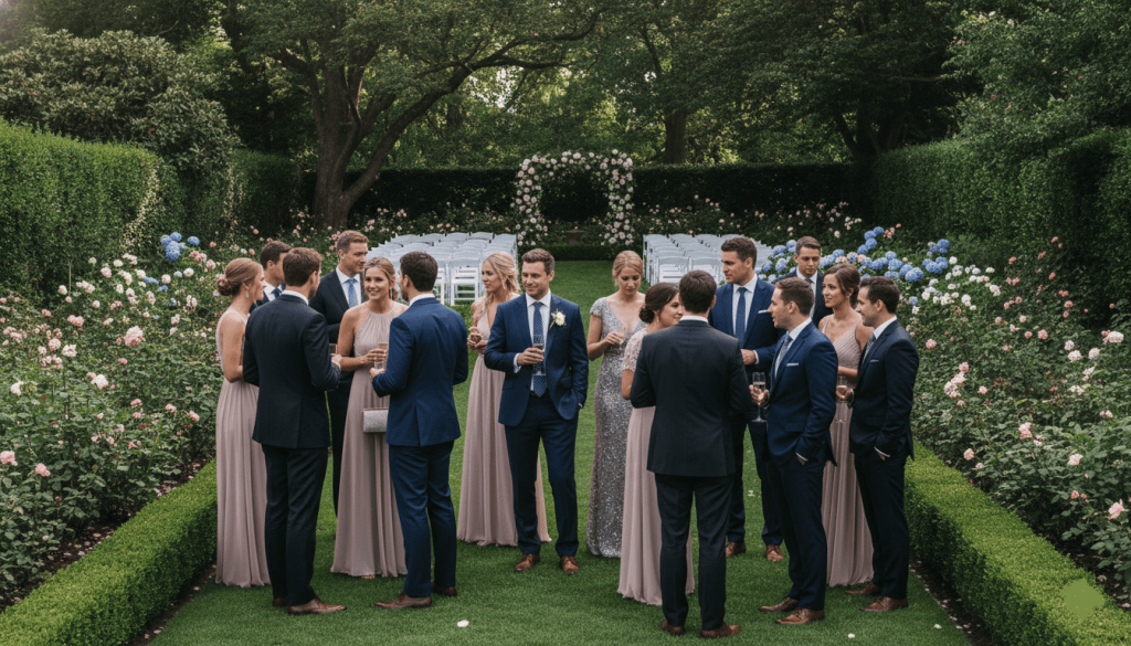 outdoor wedding scene with diverse wedding guests dressed in formal attire, men wearing dark suits and ties, women wearing elegant cocktail and evening dresses, standing in a beautifully landscaped garden before the ceremony