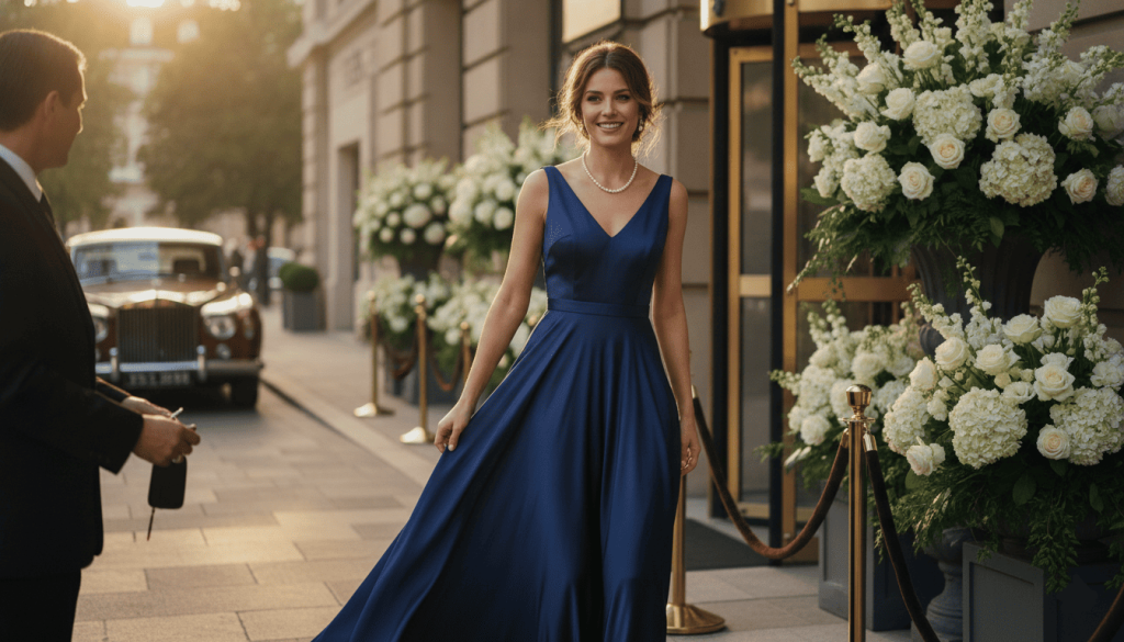 elegant female wedding guest arriving at a formal wedding venue, wearing a sophisticated floor-length navy evening gown, luxury hotel entrance, fresh flowers