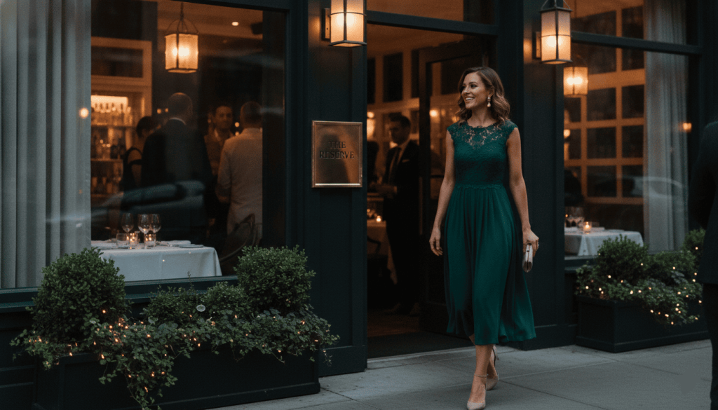 Wedding rehearsal dinner guest arriving at an upscale restaurant, smart semi-formal attire, evening atmosphere, warm lighting