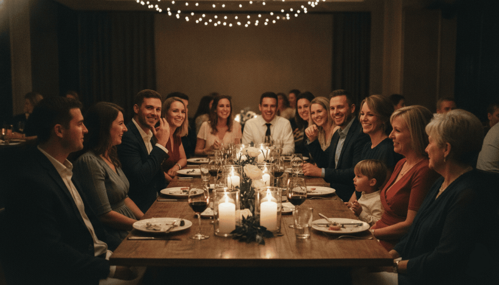 rehearsal dinner gathering with family members seated around a long restaurant table, elegant but relaxed clothing, wedding weekend atmosphere