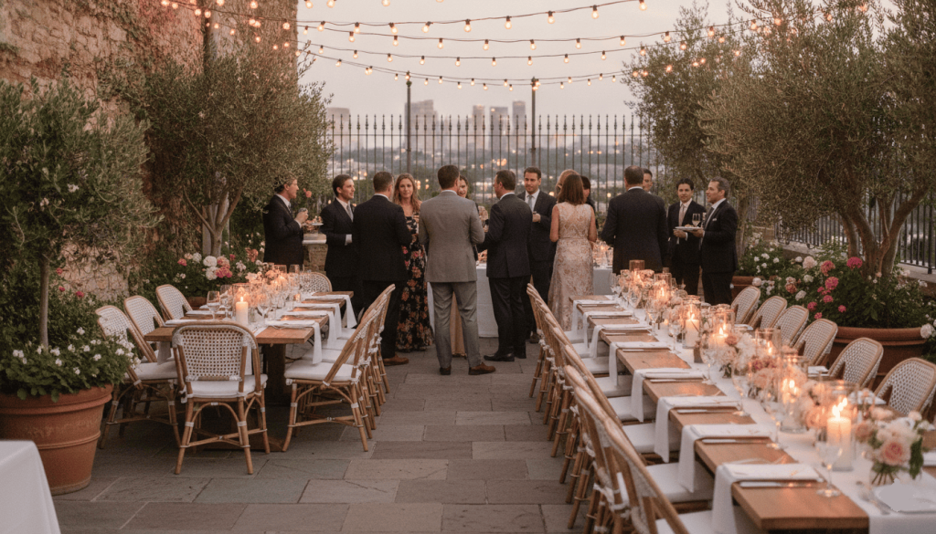 Outdoor restaurant terrace hosting a wedding rehearsal dinner, guests socializing before the meal, string lights, sophisticated ambiance