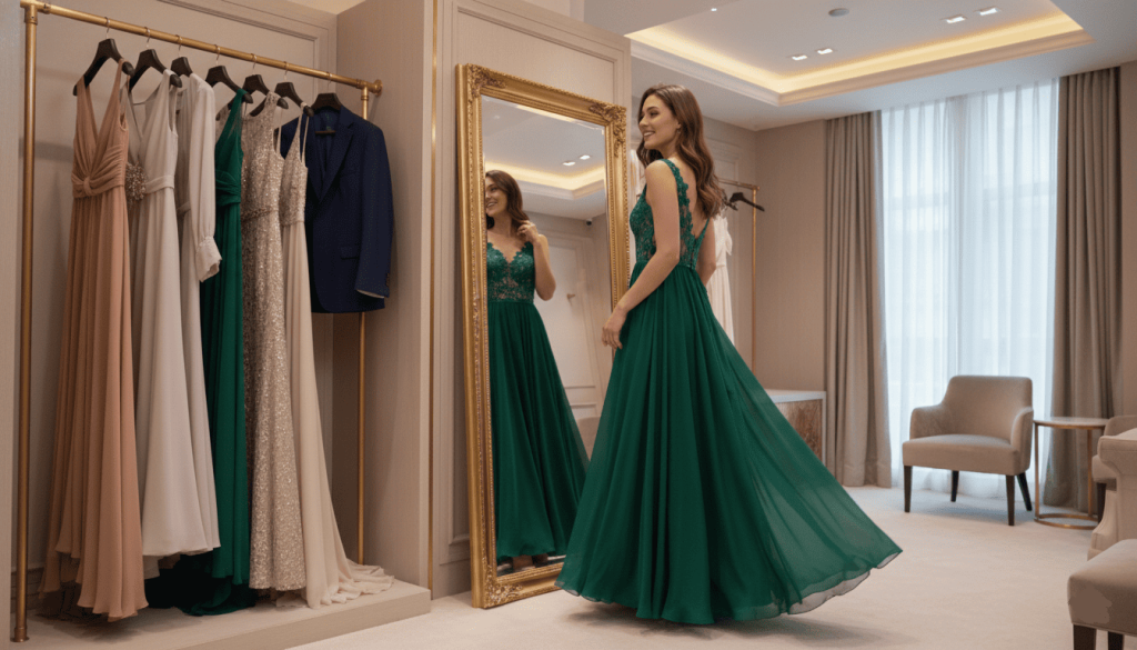 ashion boutique fitting room, wedding guest trying on elegant formal attire in front of a full-length mirror, several dresses and suits hanging nearby