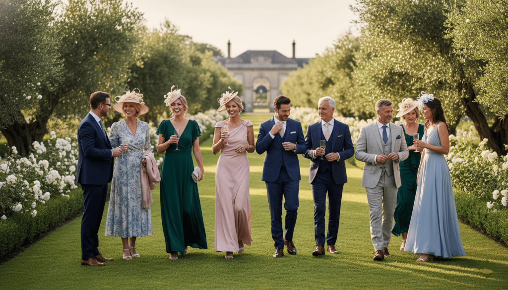 outdoor wedding venue, stylish guests arriving and socializing before the ceremony, elegant dresses, suits and accessories