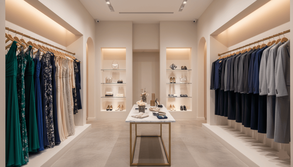 clothing boutique specializing in formalwear, display of wedding guest outfits, elegant dresses, tailored suits, shoes and accessories