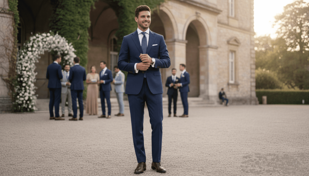 male wedding guest wearing a navy blue suit, white shirt and tie, standing outside a wedding venue, confident but natural posture