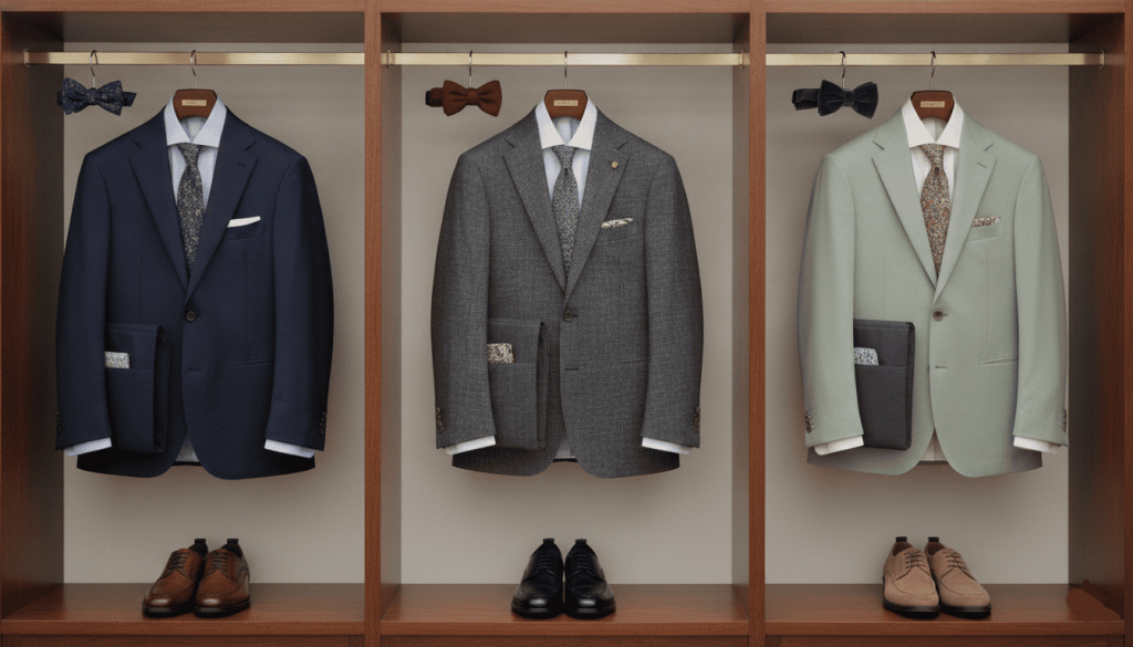 Wardrobe display showing multiple wedding guest outfit options for men, suit jackets, dress shirts, ties, dress shoes