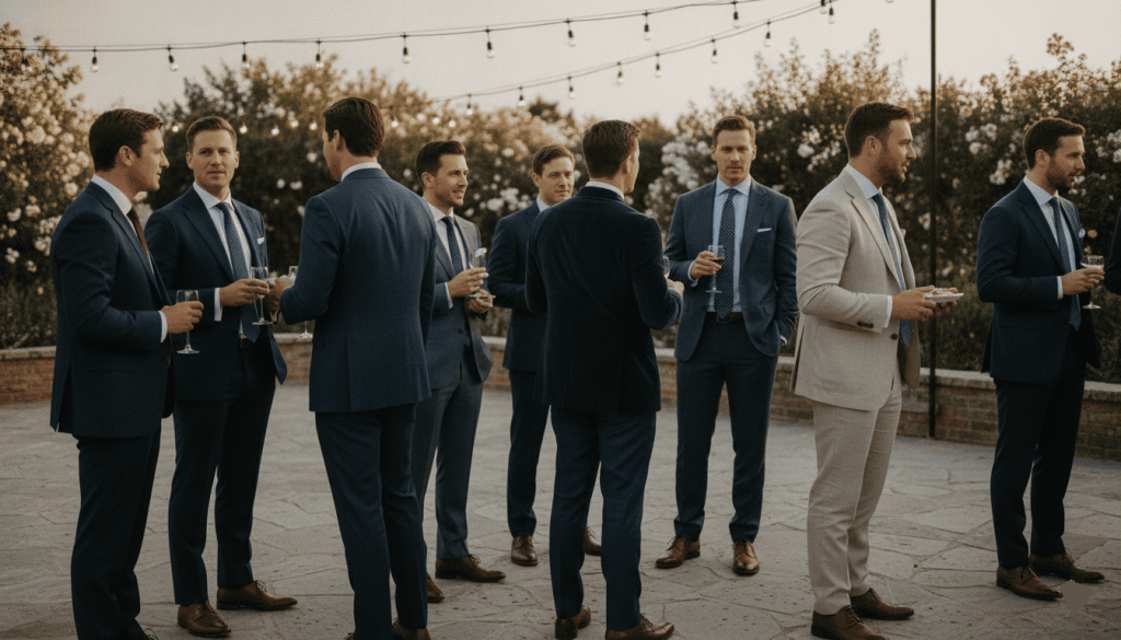 Wedding cocktail reception with male guests wearing different levels of wedding-appropriate attire, suits, blazers, dress shirts