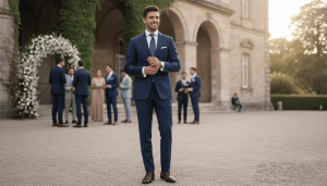 male wedding guest wearing a navy blue suit, white shirt and tie, standing outside a wedding venue, confident but natural posture