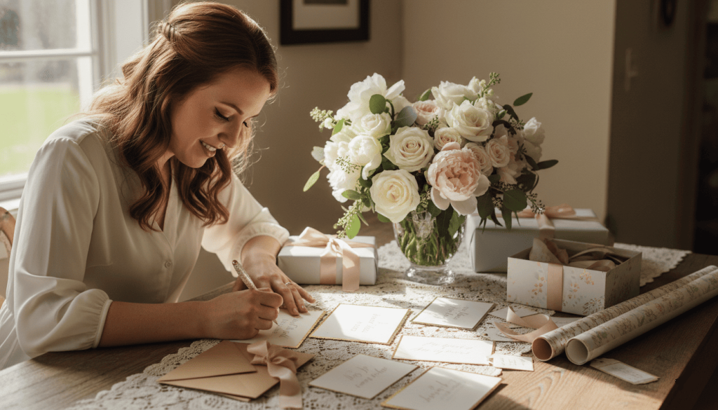 woman writing a heartfelt bridal shower card at a beautifully decorated table, elegant stationery, flowers and gift wrapping supplies nearby