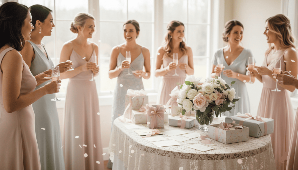 bridal shower celebration, guests chatting and enjoying refreshments, gift table with cards and presents visible