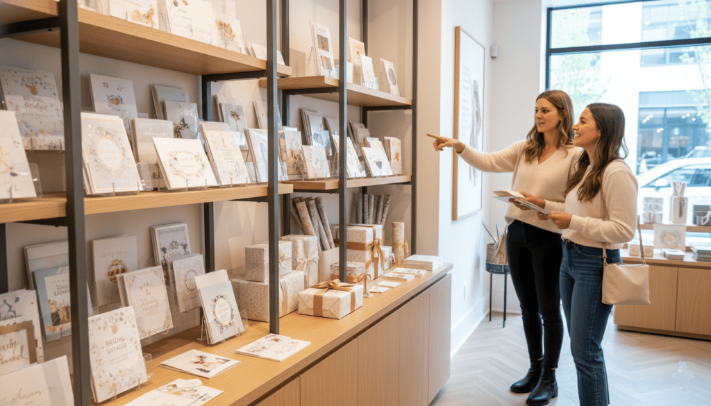 greeting card and gift shop interior, bridal shower cards displayed on shelves, customers browsing products