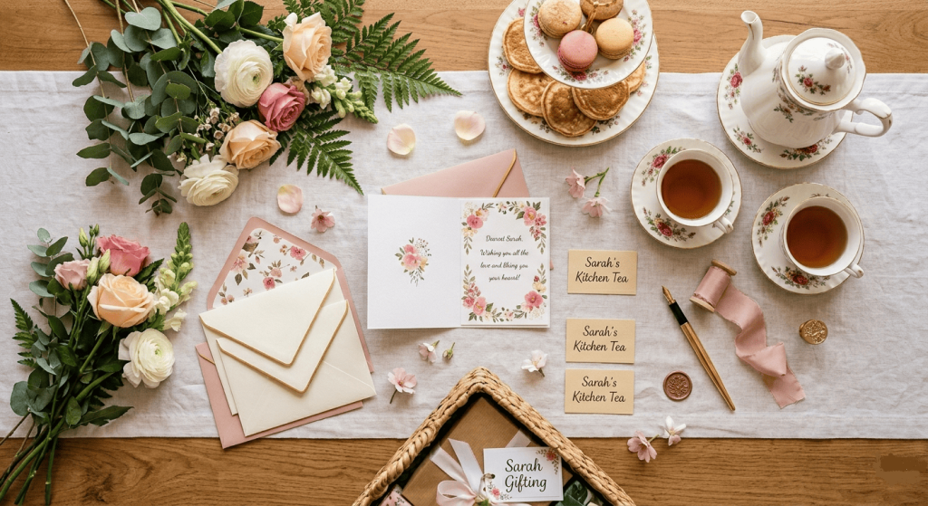 itchen Tea greeting cards, envelopes, flowers, tea cups, elegant stationery arrangement, realistic paper textures, wedding event theme