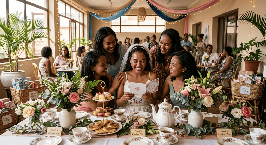 Kitchen Tea celebration, bride-to-be opening a greeting card while surrounded by friends, decorated venue, tea party setup, cakes and floral decorations