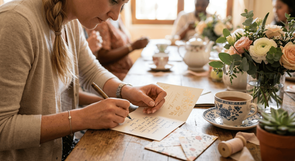a woman writing a heartfelt message inside a Kitchen Tea card, elegant stationery, handwritten text partially visible, tea cups and flowers on the table
