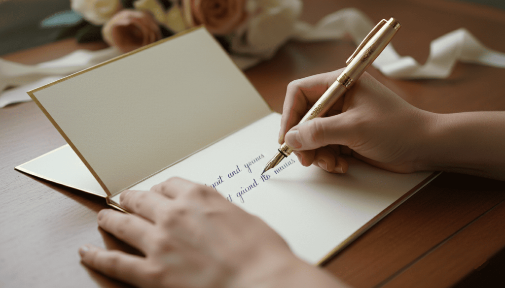 a person writing a heartfelt message inside an elegant wedding greeting card, luxury stationery, premium fountain pen