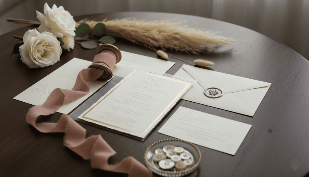 wedding stationery arrangement on a wooden table, elegant greeting cards, envelopes, ribbon, flowers and decorative elements, premium paper textures
