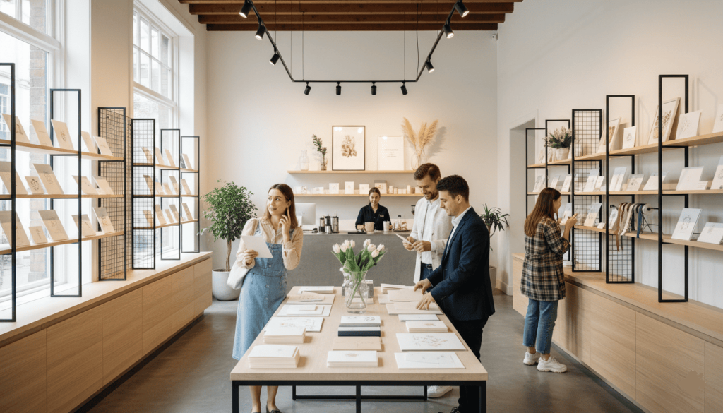 stationery and greeting card shop interior, customers browsing wedding cards on display racks, modern retail environment