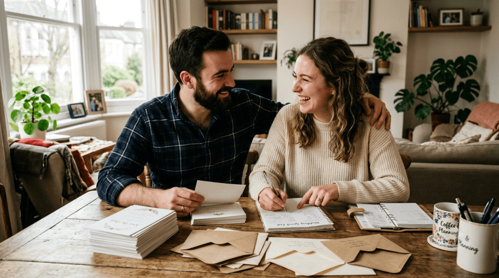 engaged couple sitting at a dining table organizing wedding planning materials, stack of save-the-date cards, envelopes and guest list notebook