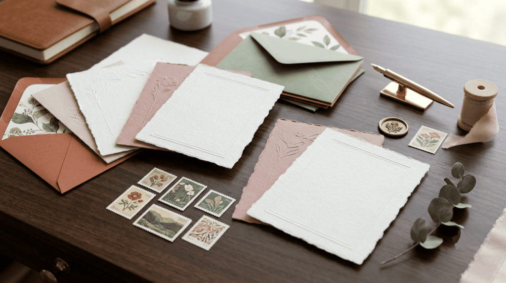 save-the-date cards, envelopes, postage stamps and wedding planning accessories neatly arranged on a desk, premium stationery textures, elegant composition