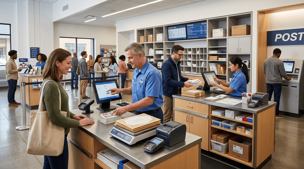 postal service counter, customers mailing letters and invitations, modern post office interior, staff assisting visitors