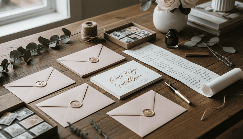 wedding invitations being organized on a dining table, envelopes, guest address list and postage stamps visible