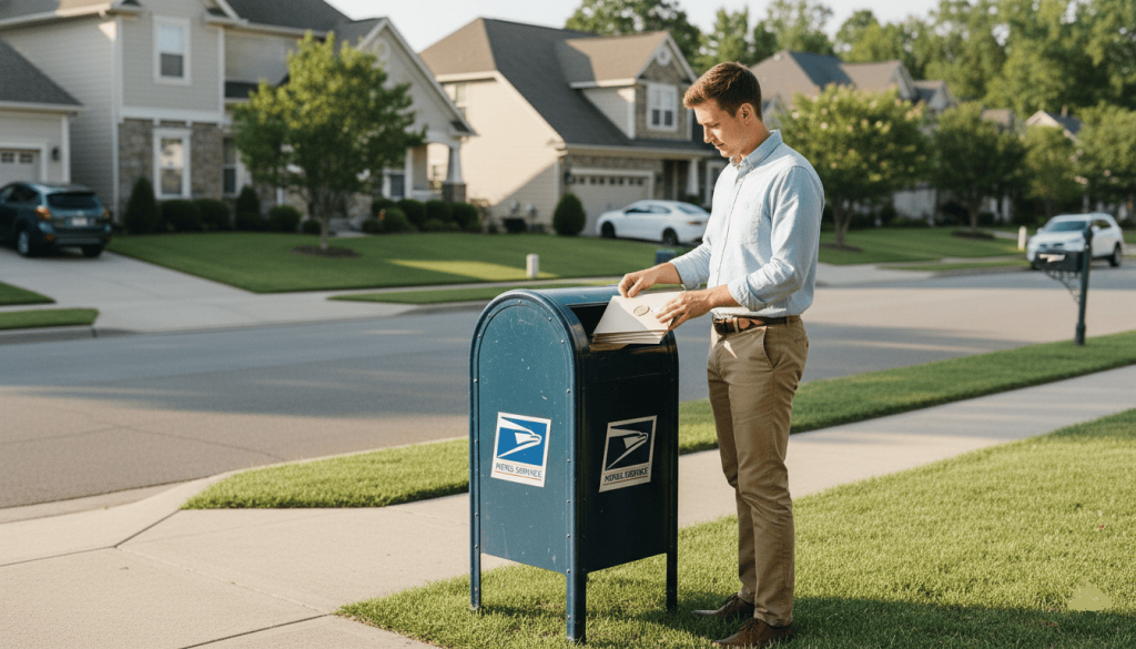 Young man dropping wedding invitation envelopes into a traditional mailbox, suburban neighborhood setting