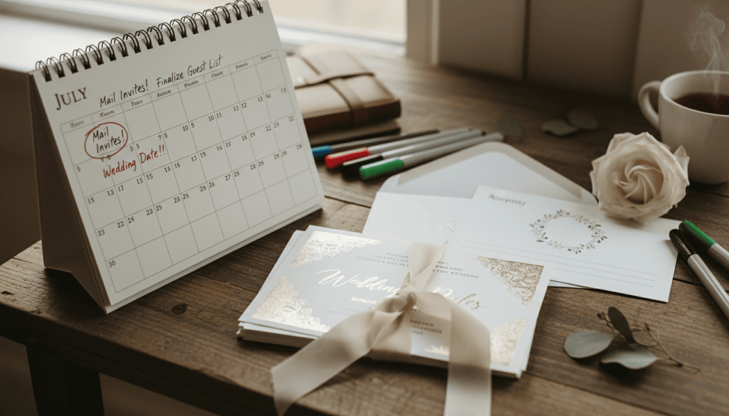 Wedding invitations placed beside a marked calendar showing upcoming wedding date and mailing deadlines,