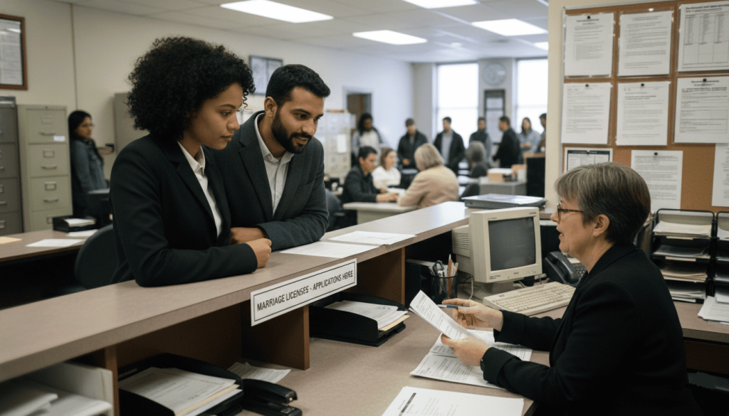 county clerk office, couple speaking with a government employee about marriage license application, official service counter