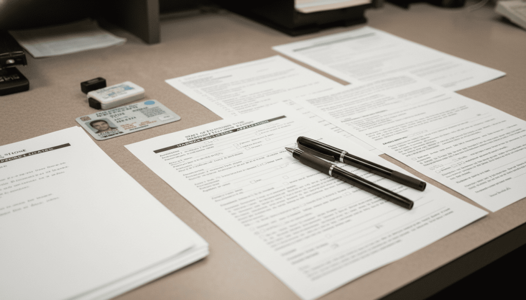 marriage license application paperwork on a desk, pens, identification cards, official-looking forms