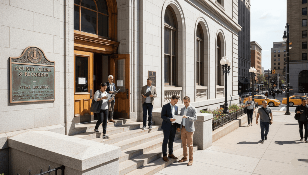 exterior of a local government building where marriage licenses are issued, citizens entering and leaving, daytime city scene