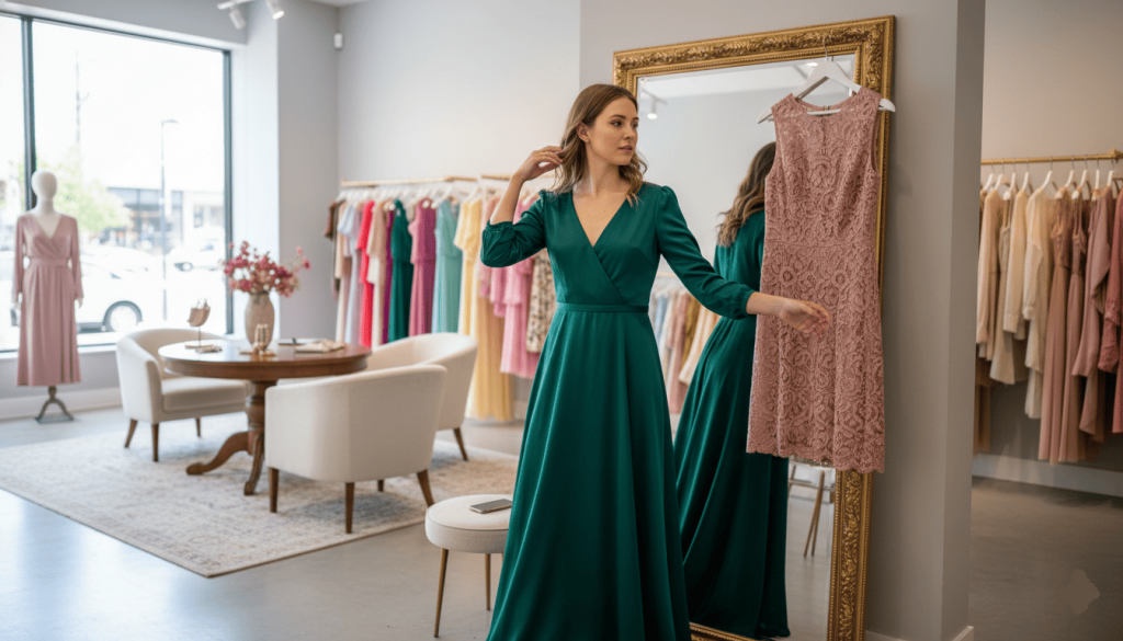 woman shopping for wedding guest dresses in an elegant fashion boutique, trying on outfits in front of a mirror